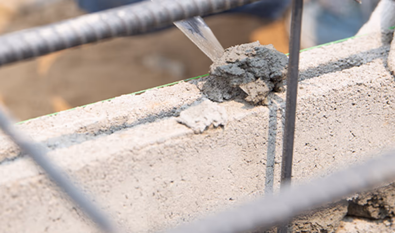 Cordeau de niveau vert tendu sur une assise de blocs béton lors d’un chantier de maçonnerie à Aulnat